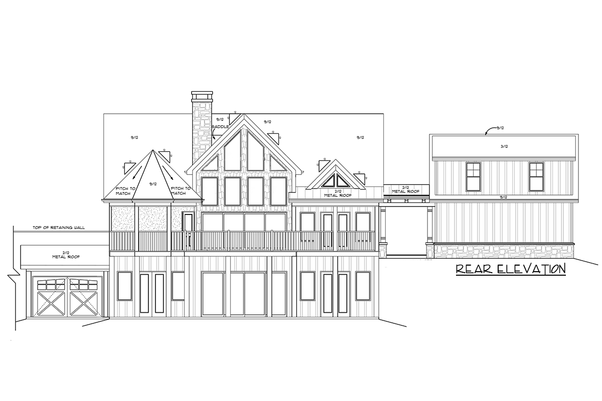 Rear elevation house plan showing a two-story home with multiple roof pitches, stone chimney, and attached garage.