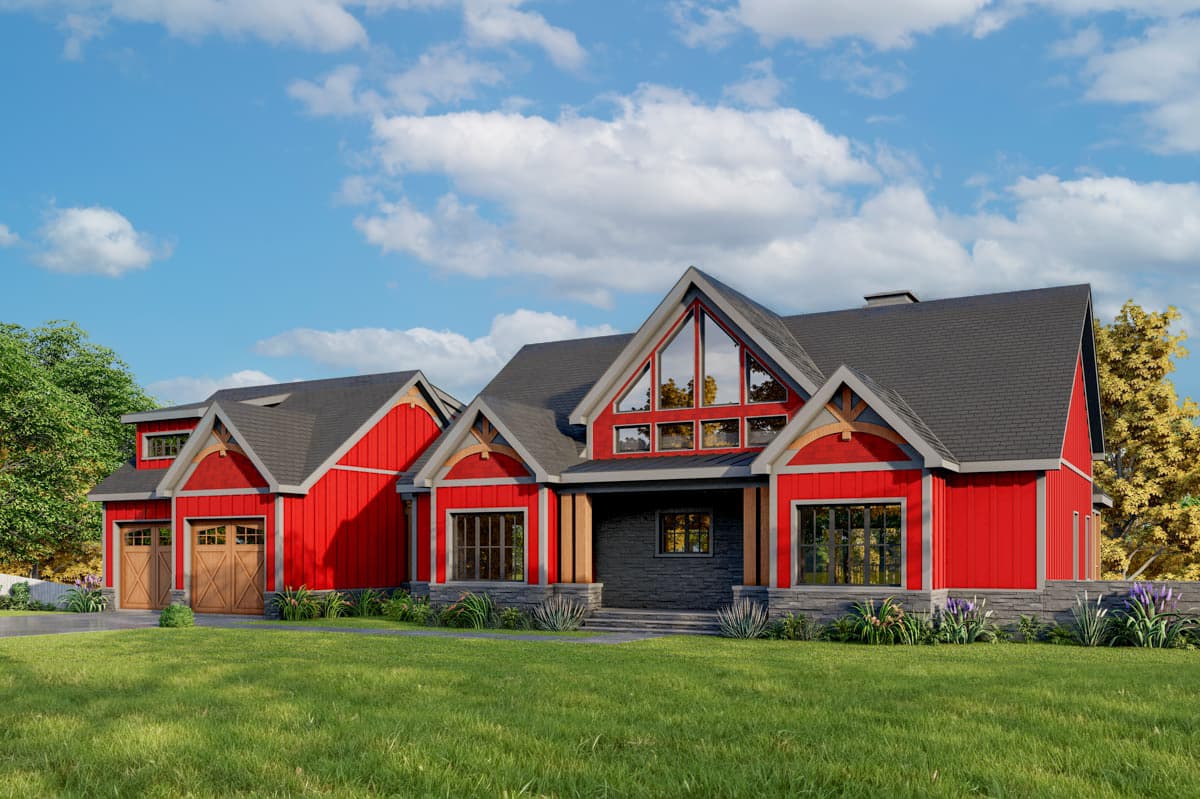 House plan exterior featuring Craftsman style, two stories, gable roof, and attached garage. Includes decorative timber accents and large windows.