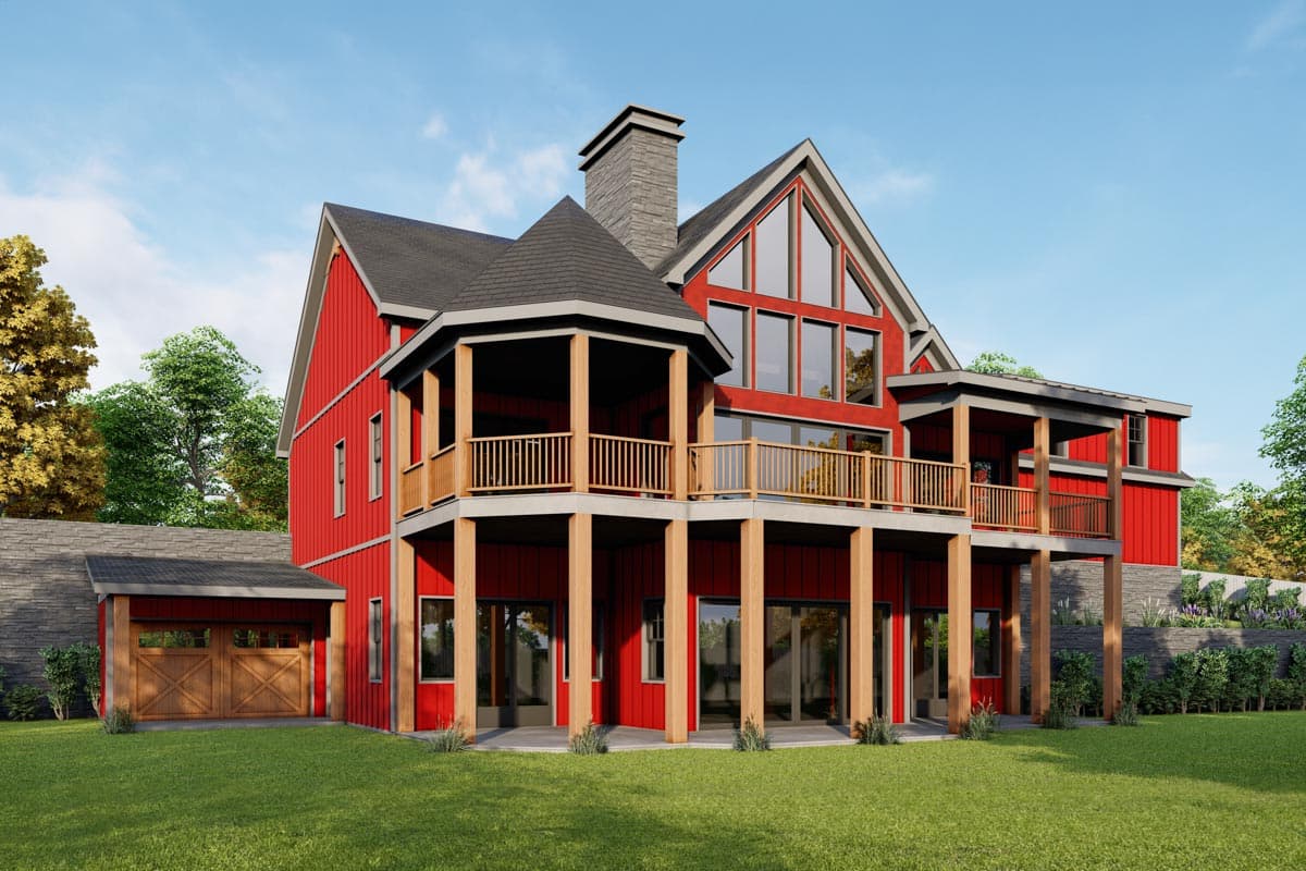 House plan exterior: Modern farmhouse style, two stories, featuring a prominent stone chimney, wraparound deck, and attached garage.