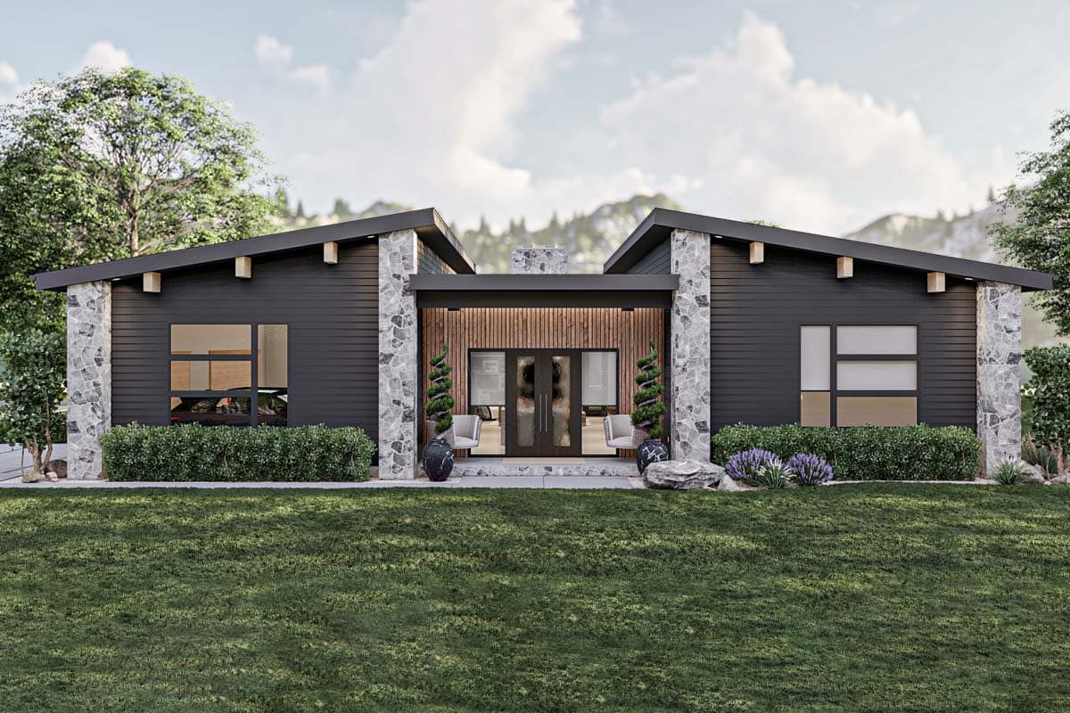 House plan exterior. Modern, one-story home with a flat roof, stone columns, and angled rooflines. Features include double front doors.