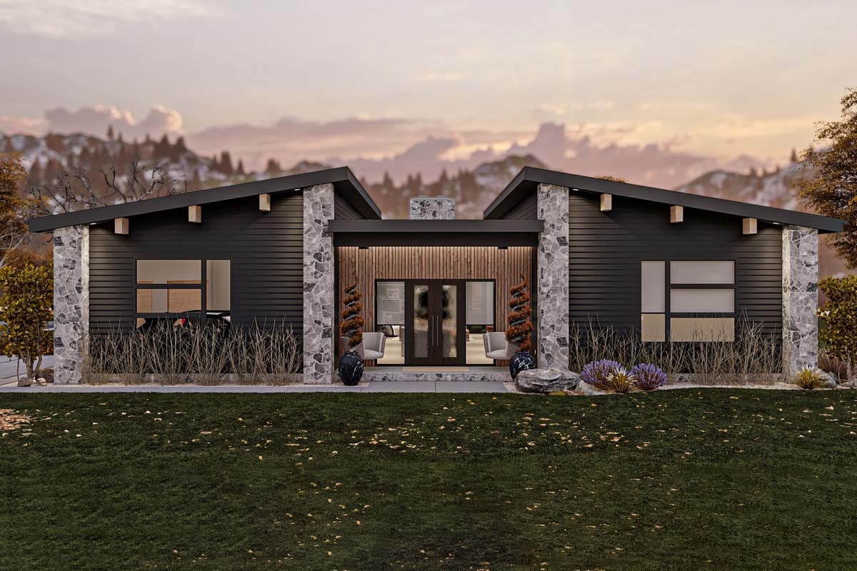 Modern house plan exterior with asymmetric gables, stone accents, dark horizontal siding, and a covered entry.