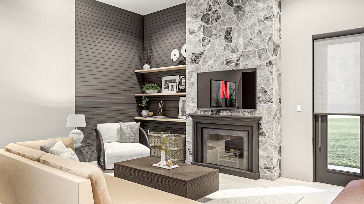 Living room rendering with a stone fireplace, built-in shelves, sofa, and armchair.