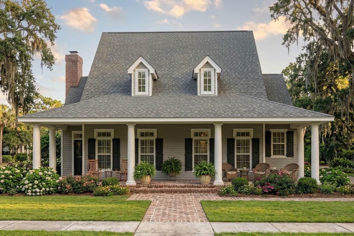 House plan exterior: Two-story home with a wraparound porch, gable dormers, and brick chimney.