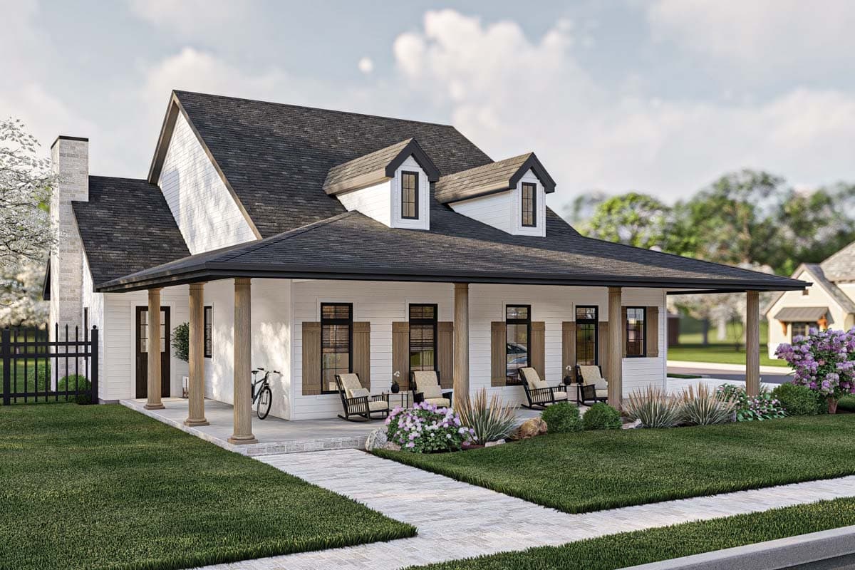 House plan exterior. Farmhouse style with a gabled roof, dormers, and a covered porch supported by columns. Includes shutters and a stone chimney.