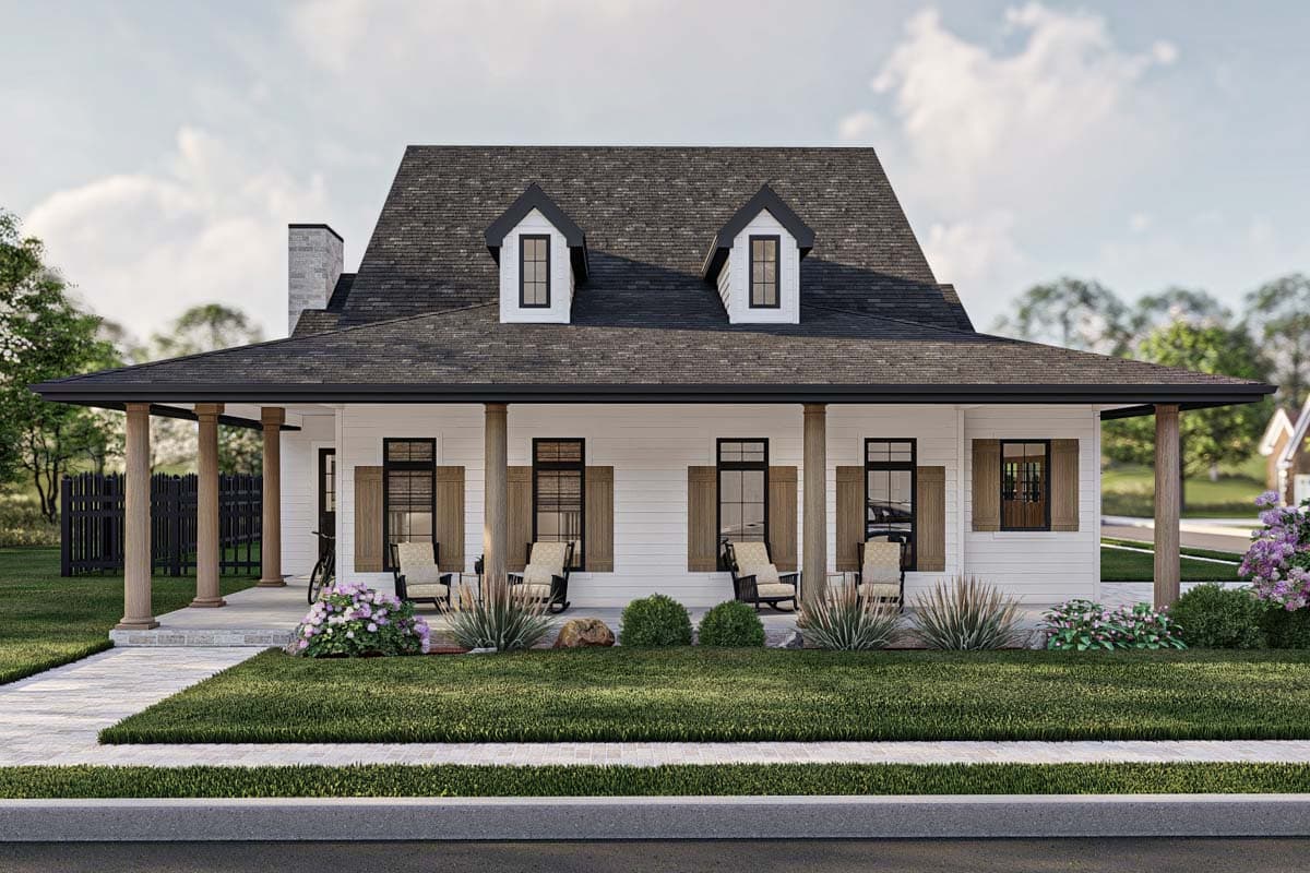 House plan exterior: Two-story Modern Farmhouse with wide covered porch, gables, dormers, and stone chimney.