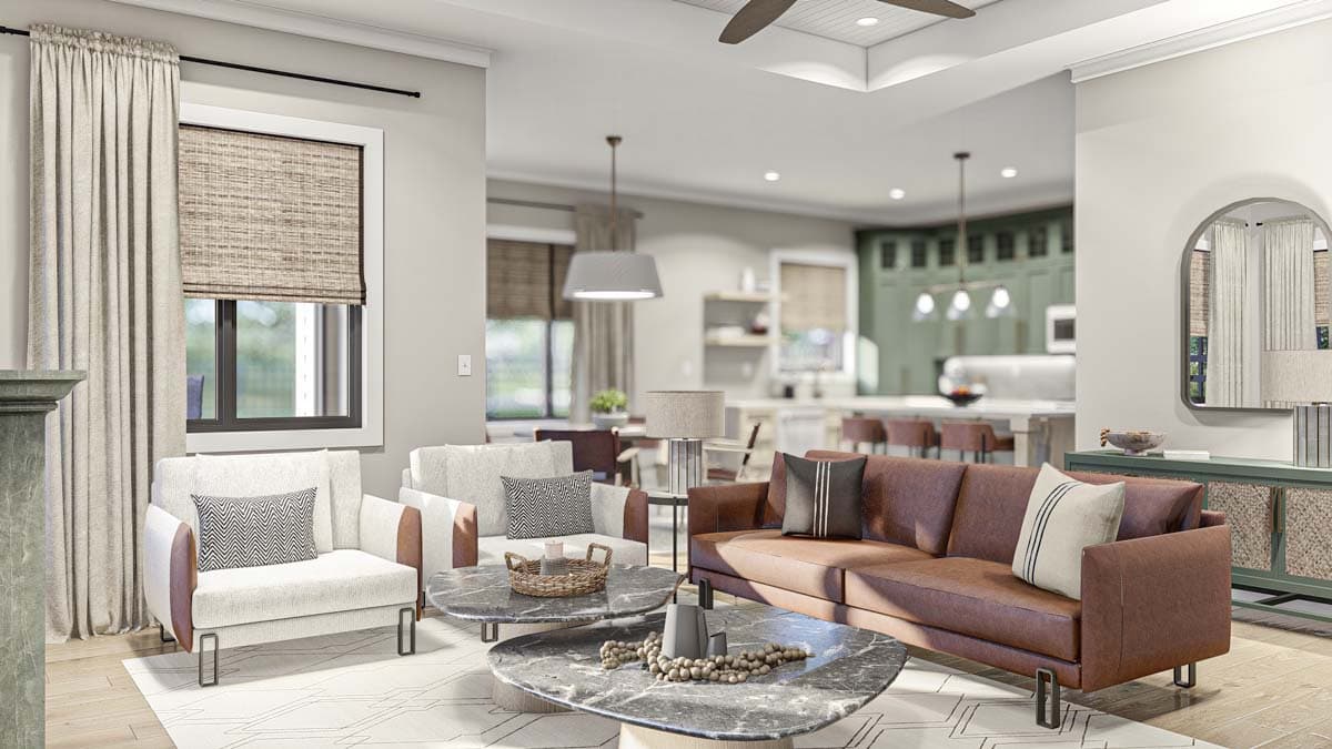 Interior rendering of a great room with leather sofa, accent chairs, stone-top coffee tables, and open-concept kitchen.