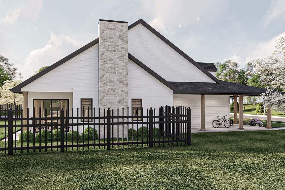 House plan exterior rendering of a modern farmhouse style home with white siding, stone chimney, gabled roof, and covered porch.