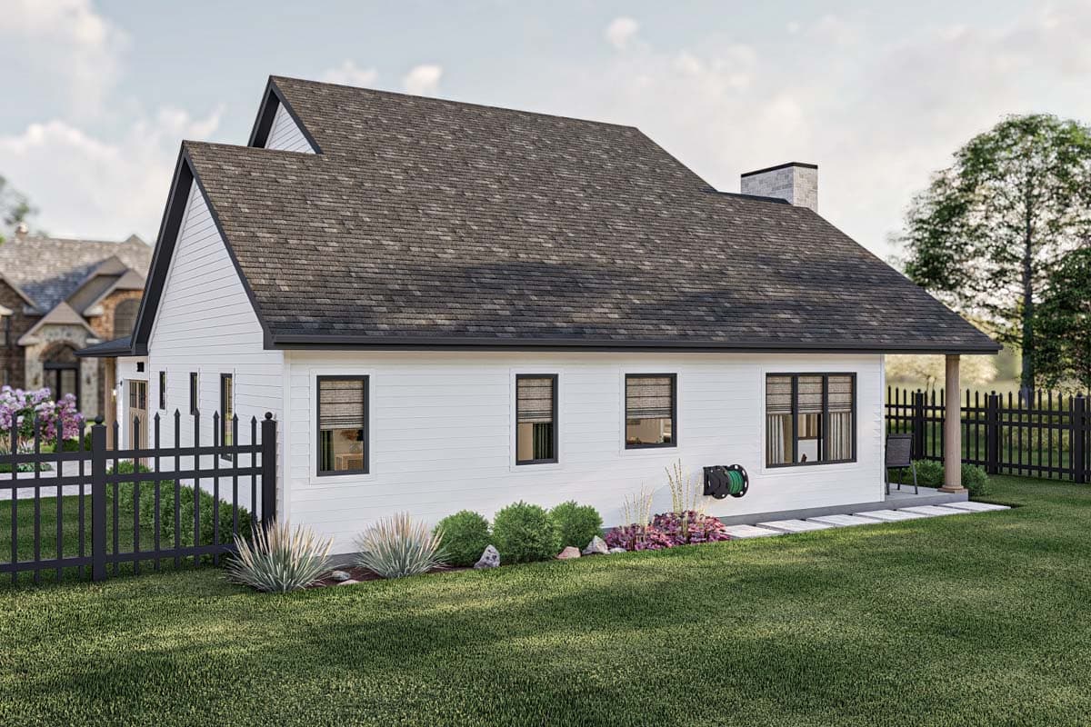 House plan exterior with white siding, dark trim, gabled roof, multiple windows, and chimney.