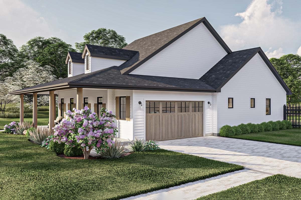 Modern Farmhouse house plan exterior with wrap-around porch, two dormers, and attached garage.