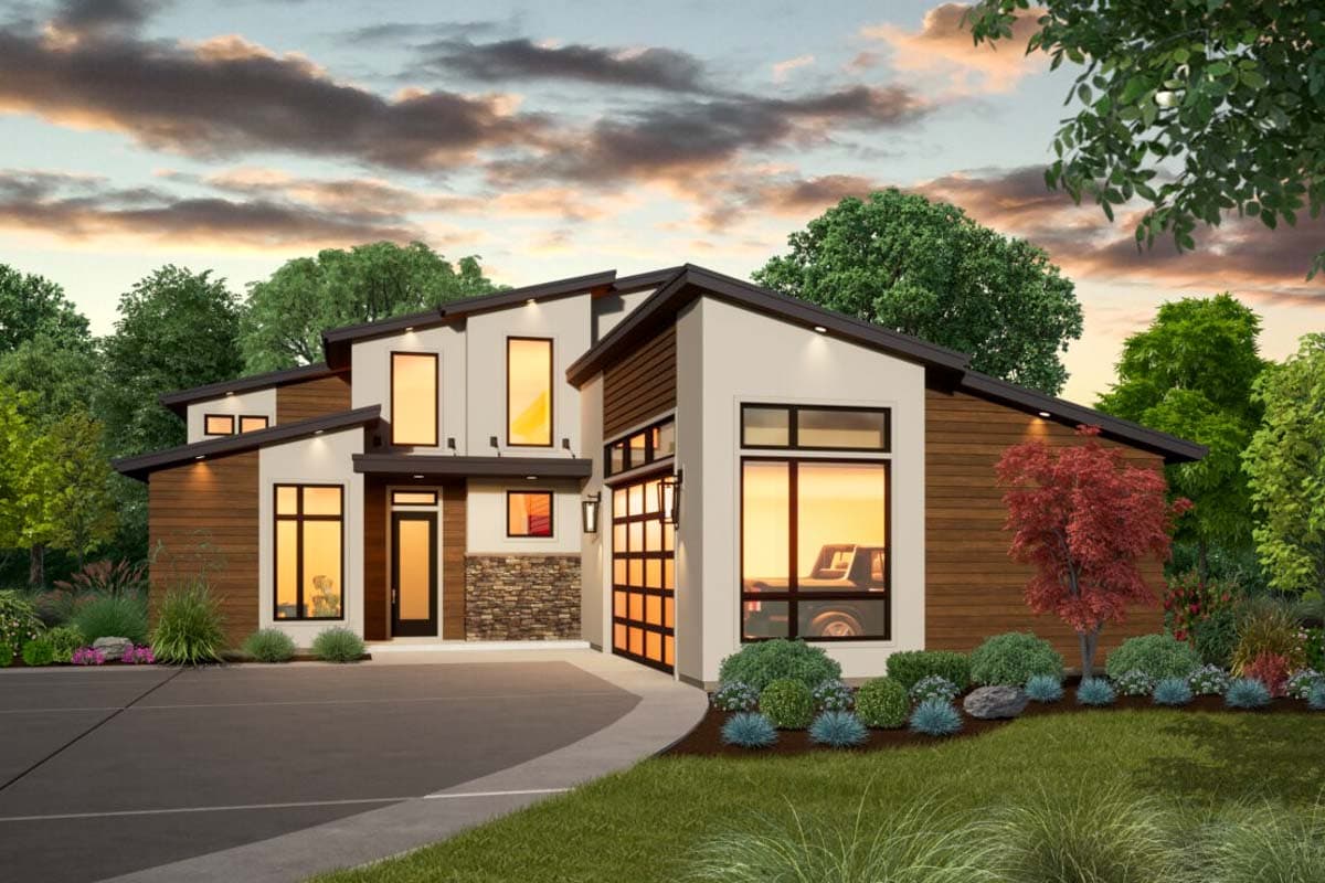 House plan exterior. Modern style with one story, flat roof, wood siding, and large windows with an attached garage.