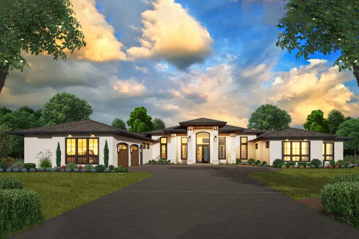 House plan exterior. Modern style, single story. Features include flat roof, a porte-cochere, and clerestory windows over the entrance.