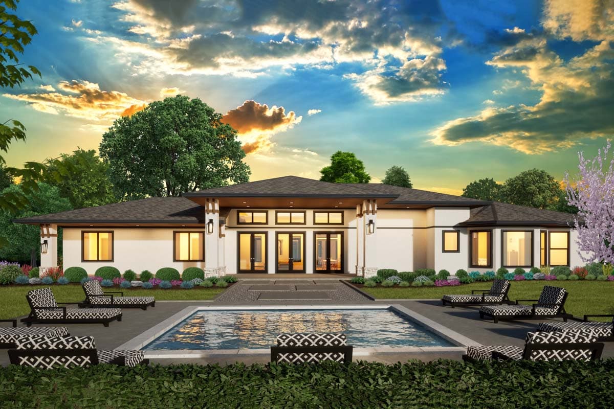 Modern single-story house plan exterior with a low-pitched roof, large windows, and a central glass-paneled entrance.