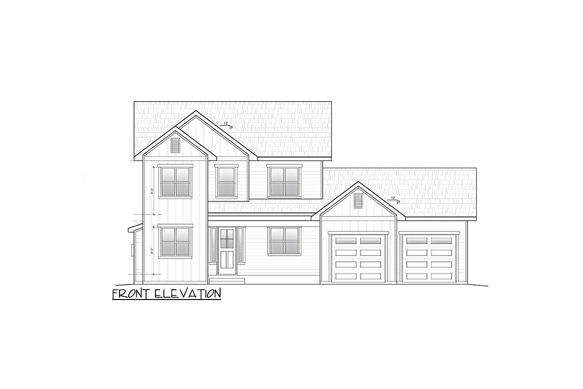 Front elevation drawing of a two-story house with a gable roof, prominent gables, and a three-car garage.