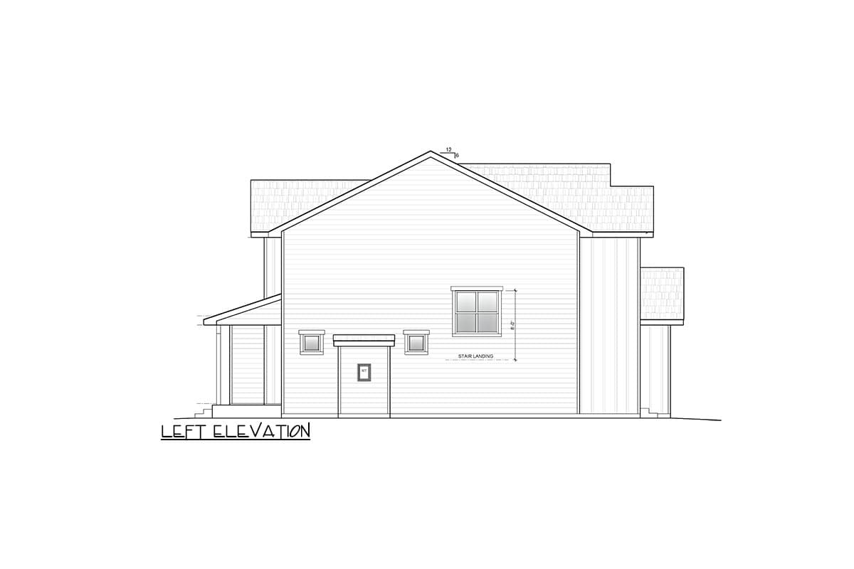 Left elevation drawing of a two-story house plan, showing a gabled roof, covered porch, and multiple windows.