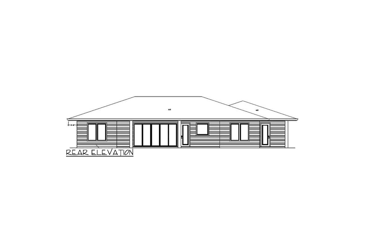 Rear elevation drawing of a single-story house with horizontal siding, a prominent folding door, and multiple windows.