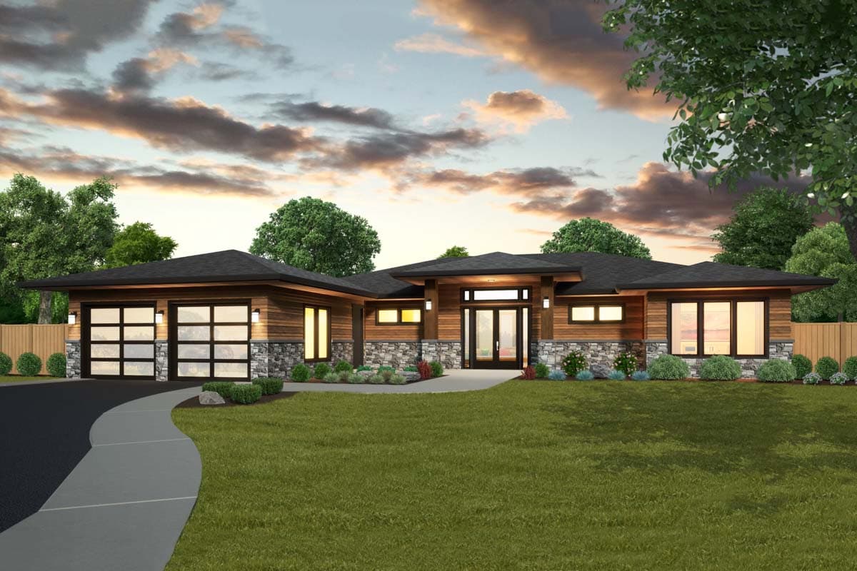House plan exterior. Modern style, one-story home with a flat roof. Features include a two-car garage, stone accents, and glass front entry doors.