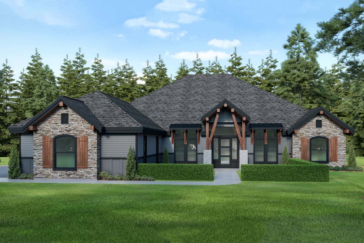 House plan exterior. One-story Craftsman home with stone accents, wood-beam entry, and a multi-gabled roofline.