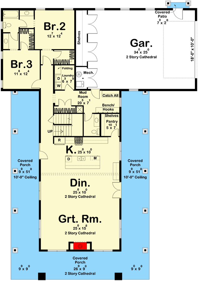 Plan 623295DJ: 3-Bedroom Modern Farmhouse Barndominium with Laundry on Both Floors - 3192 Sq Ft - Floor Plan - Main Level - Barndominium, Farmhouse, Modern Farmhouse, New American
