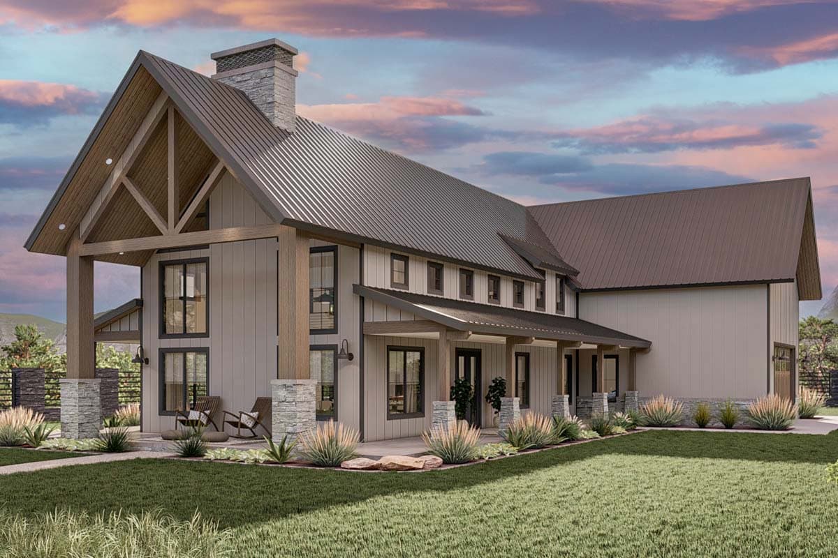 House plan exterior featuring a Modern Farmhouse style with a gable roof, covered porch, and exposed timber-framed entry. Two stories.