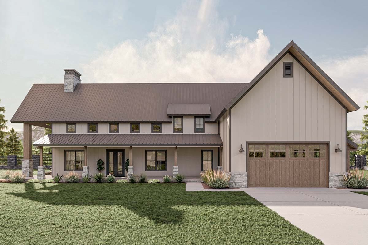 Modern Farmhouse house plan exterior with a wraparound porch, stone accents, metal roof, and a two-car garage.