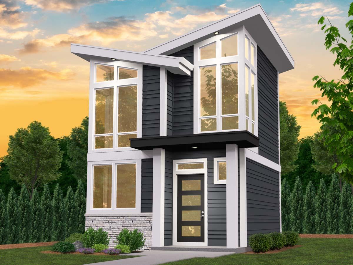 Modern house plan exterior. Two-story design with large windows, flat roof, and stone-veneer foundation. Includes covered entry and modern entry door.