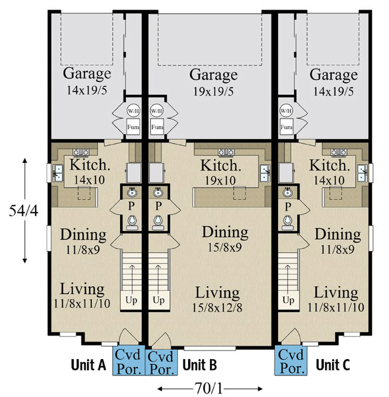 Plan 85435MS: New American Triplex Home Plan with Subtly Different 3-Bed Units - Floor Plan - Main Level - Modern Farmhouse, New American