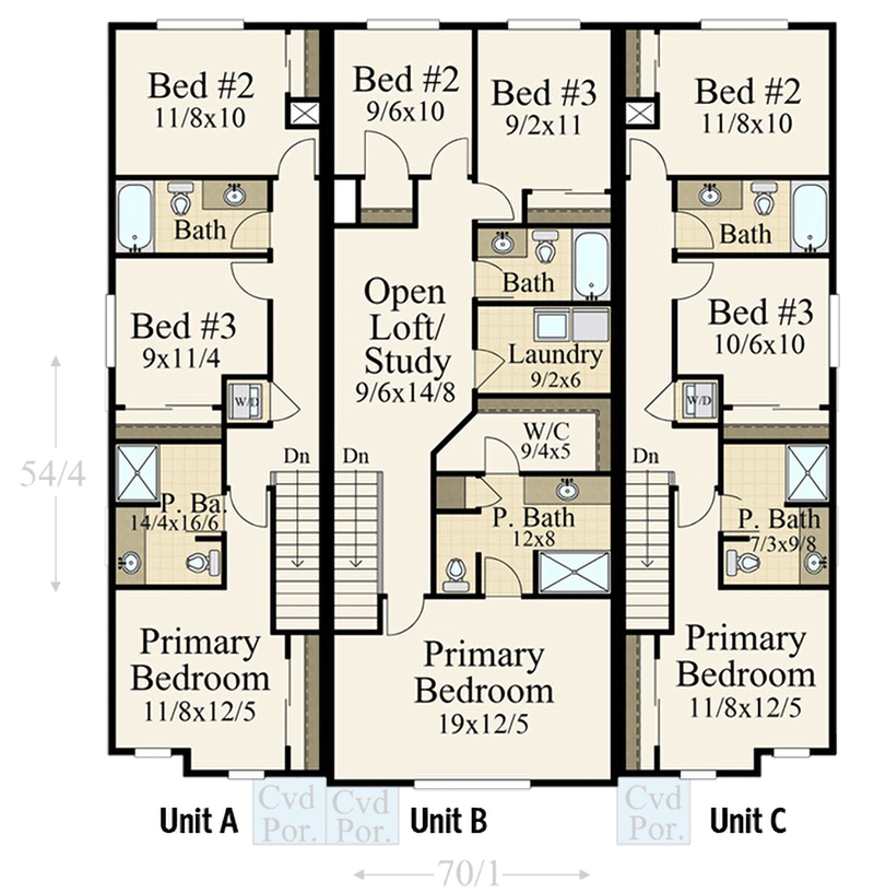 Plan 85435MS: New American Triplex Home Plan with Subtly Different 3-Bed Units - Floor Plan - 2nd Floor - Modern Farmhouse, New American