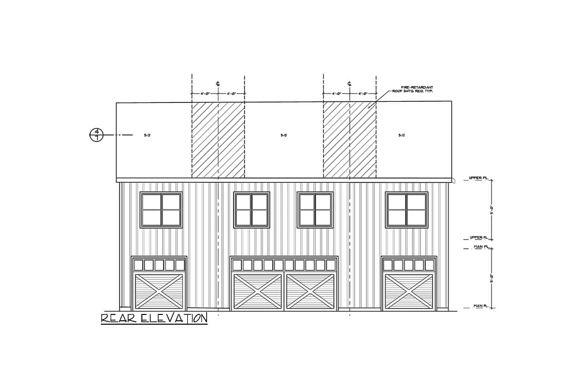 Rear elevation floor plan drawing showing a two-story structure with three garage doors and four windows.