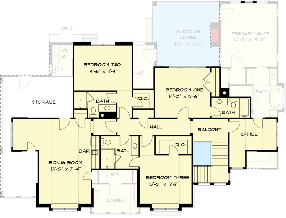 Plan 93200EL: 3410 Square Foot Transitional House Plan with Upstairs Home Office - Floor Plan - 2nd Floor - Contemporary, Cottage, Country, European, Shingle, Transitional, Tudor