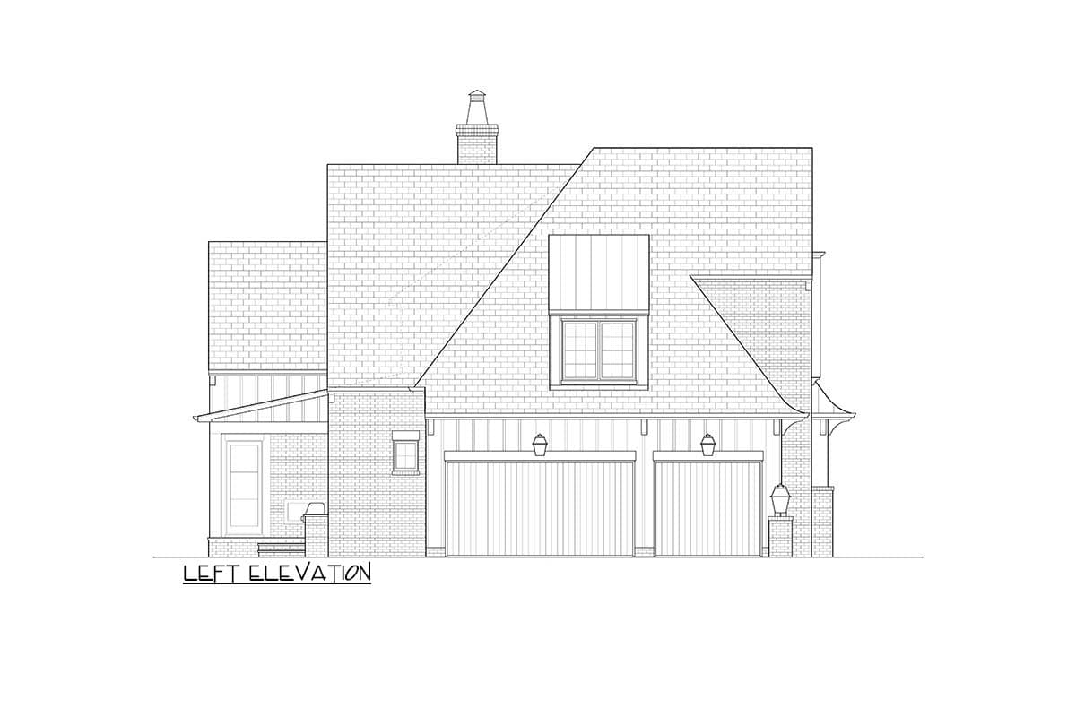 Left elevation house plan showing a two-story structure with a prominent gable, dormer, and a detached two-car garage.