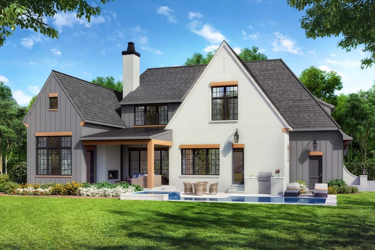 House plan exterior: Modern Farmhouse style with brick and board-and-batten siding, gables, dormer, and covered patio.