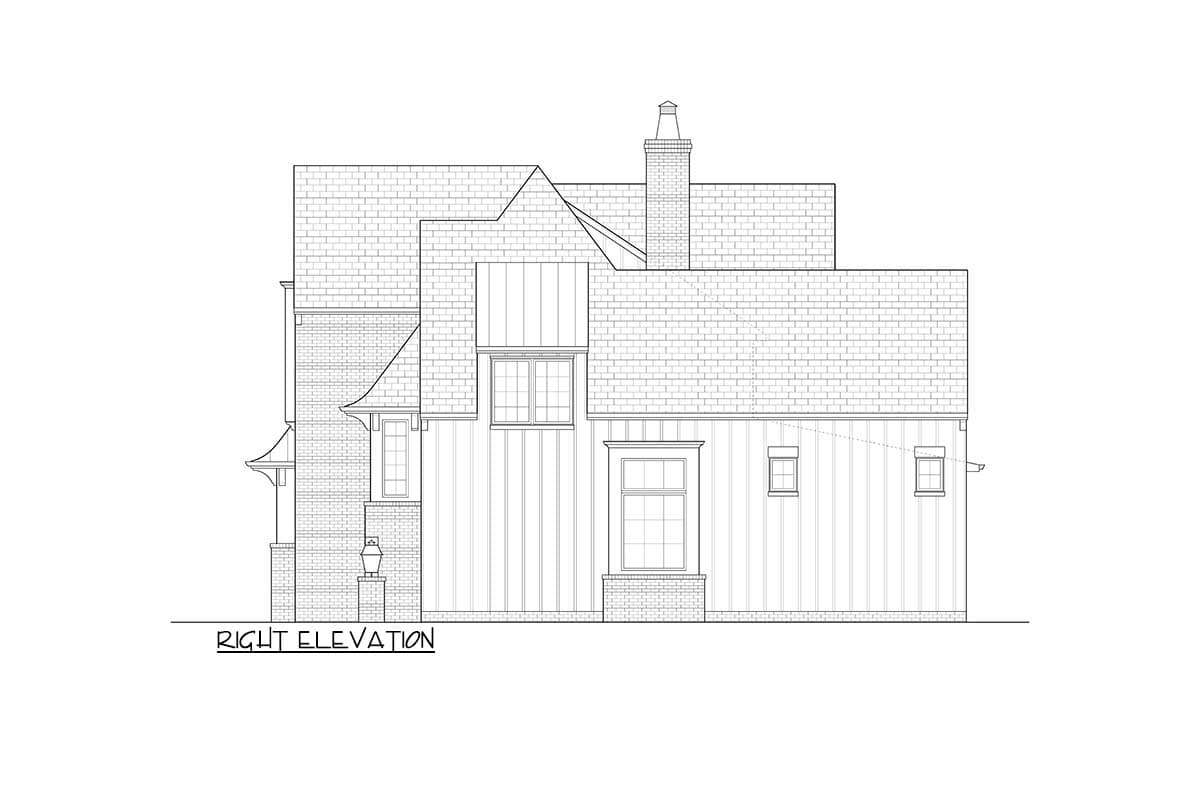 Right elevation of a house plan. Features varied rooflines, a brick chimney, board and batten siding, and several windows.