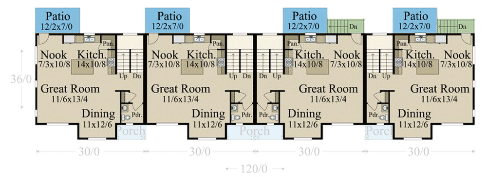 Plan 85434MS: Modern Fourplex House Plan with 3 Bed Units Under 1700 Square Feet Each - Floor Plan - Main Level - Modern, Prairie