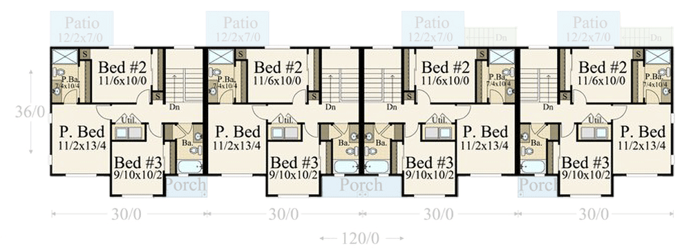 Plan 85434MS: Modern Fourplex House Plan with 3 Bed Units Under 1700 Square Feet Each - Floor Plan - 2nd Floor - Modern, Prairie