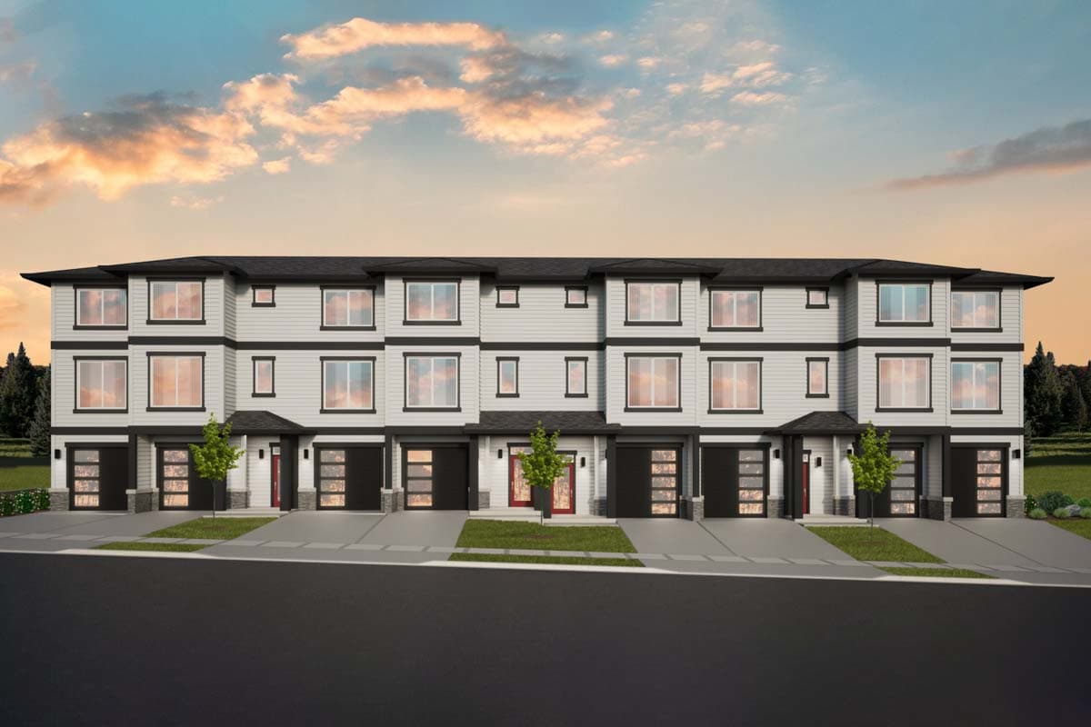 House plan exterior. Multi-unit, two-story townhomes with flat rooflines, integrated garages, and symmetrical window placement.