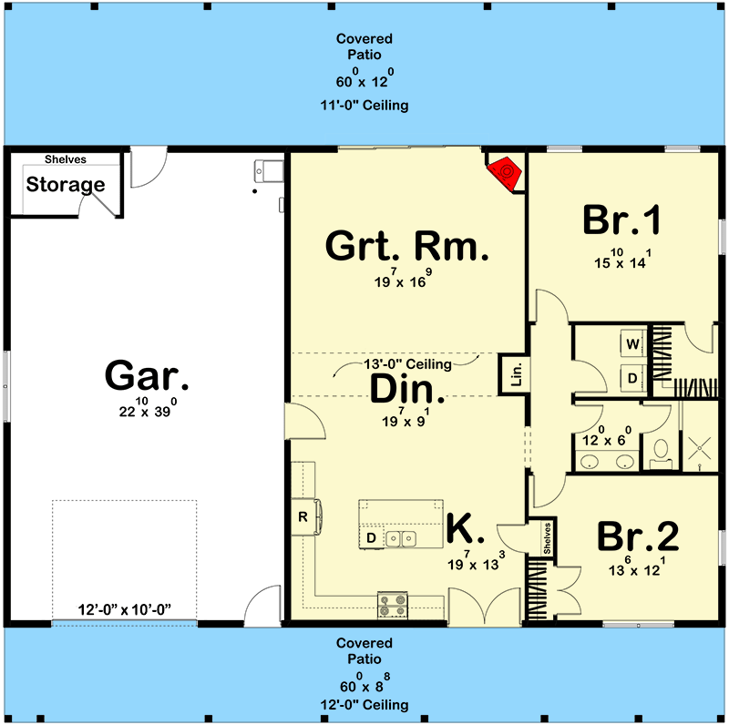 Plan 623296DJ: Rustic Barndominium-Style 2-Bed Farmhouse House Plan under 1500 Square Feet - Floor Plan - Main Level - Barndominium, Cabin, Country, Farmhouse, Ranch, Rustic, Southern, Traditional, Vacation