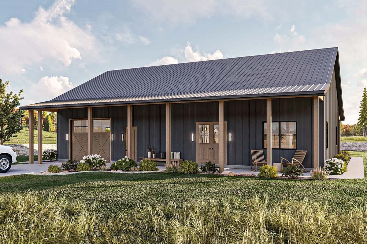 House plan exterior. One-story structure with a metal roof, front porch, and garage. Features wood-tone doors and columns. Landscaped front yard.