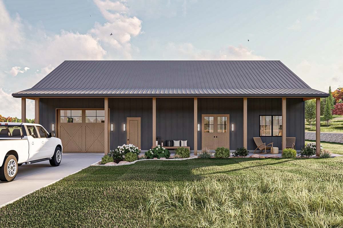 House plan exterior. Modern Farmhouse style, one story, with a wide covered porch, metal roof, double garage door, and prominent wooden columns.