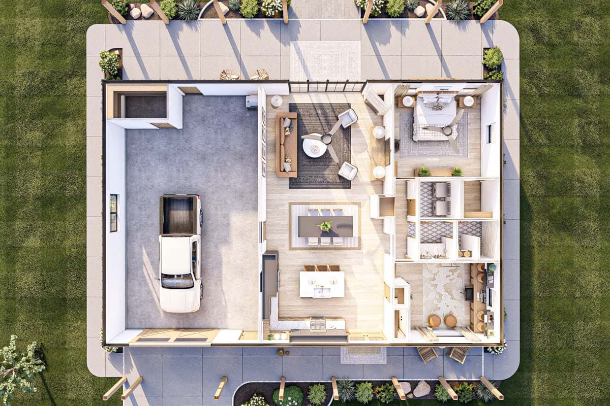 Plan 623296DJ: Rustic Barndominium-Style 2-Bed Farmhouse House Plan under 1500 Square Feet - Image #22 - Barndominium, Cabin, Country, Farmhouse, Ranch, Rustic, Southern, Traditional, Vacation