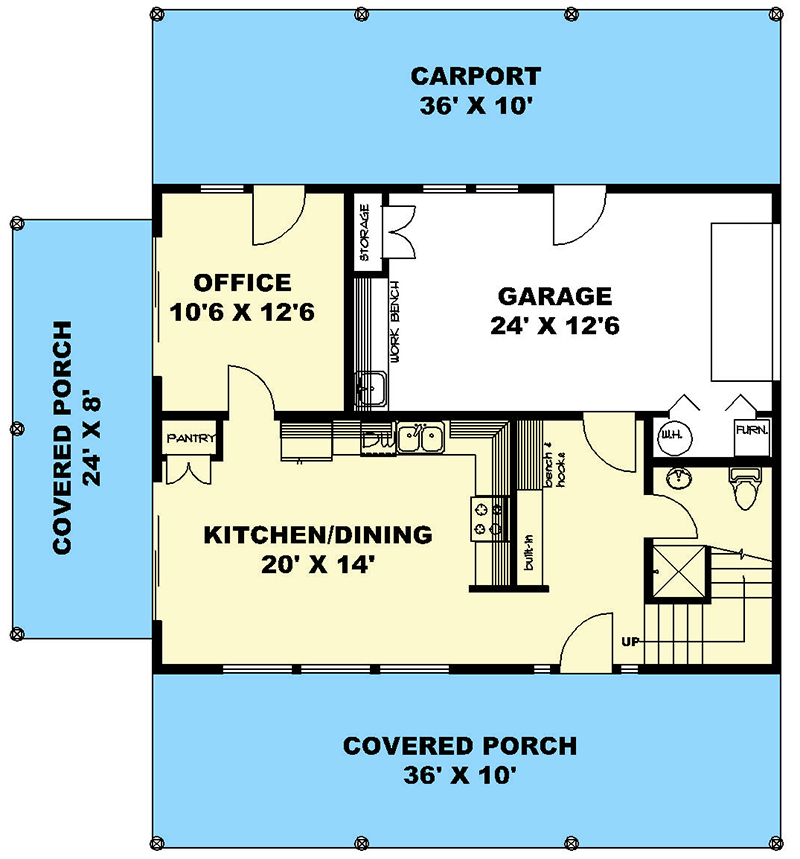 Plan 350052GH: Rustic Country 2-Bed House Plan with Home Office and Carport - Floor Plan - Main Level - Country, Rustic