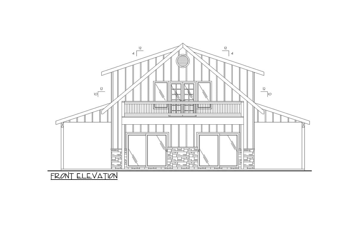 Front elevation drawing of a two-story house plan featuring a prominent gable, second-story balcony, and stone accents.