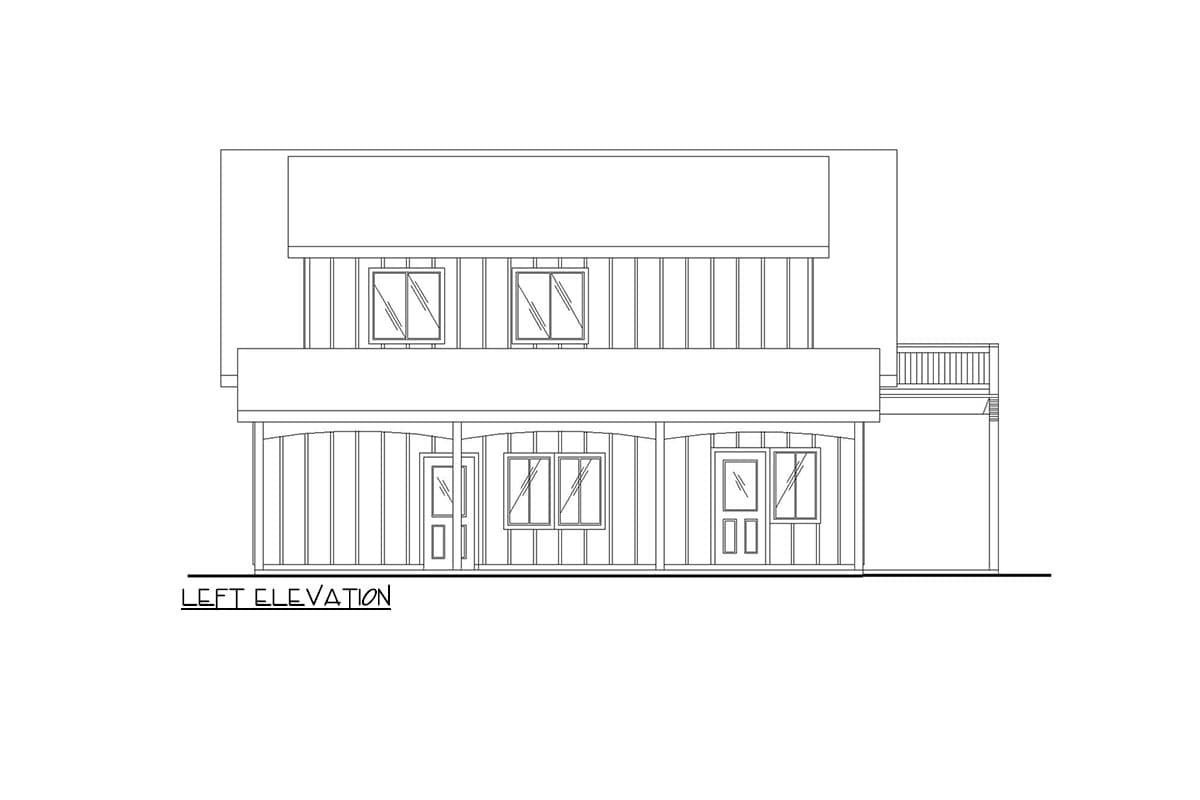 Left elevation house plan showing two stories with a balcony, multiple windows, and doors on the first level.