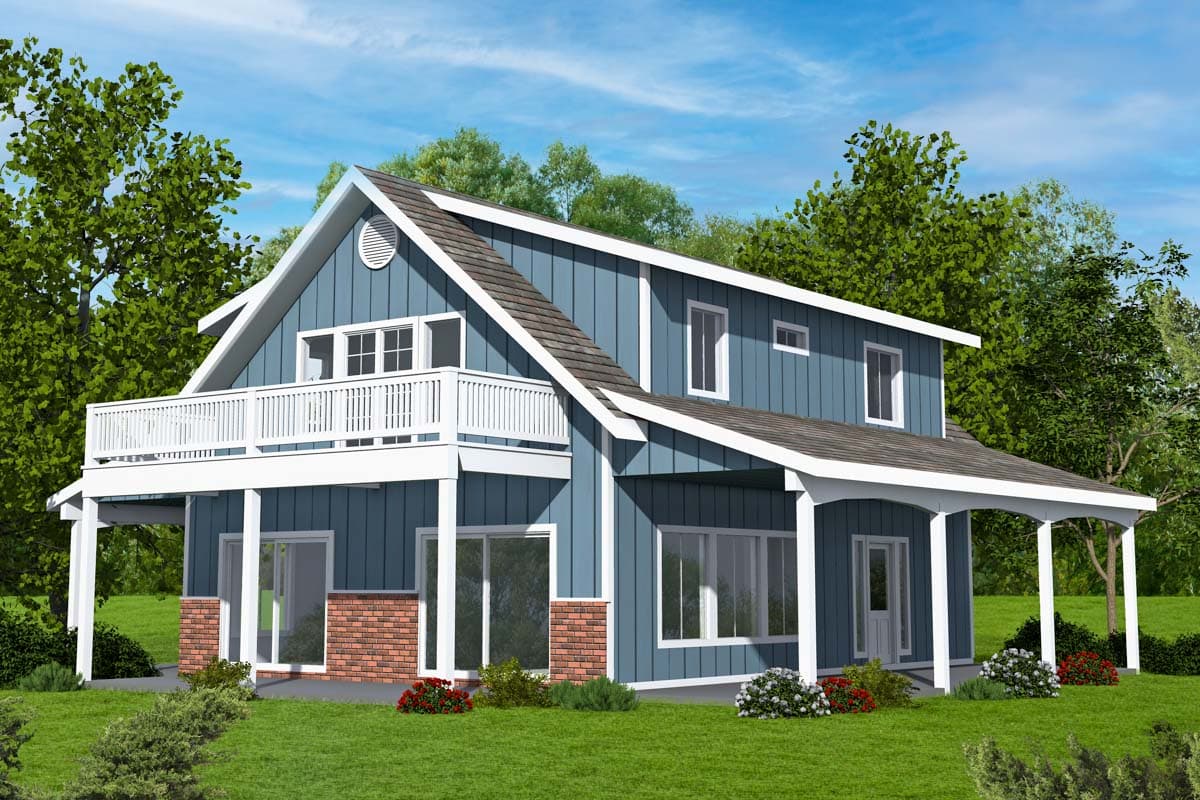 House plan exterior view of a two-story home. Features include a front balcony, gabled roof, and a covered porch.