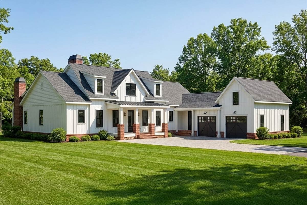 House plan exterior. Modern Farmhouse style, two-story home with dormers, a covered porch, and a detached garage with two bays.