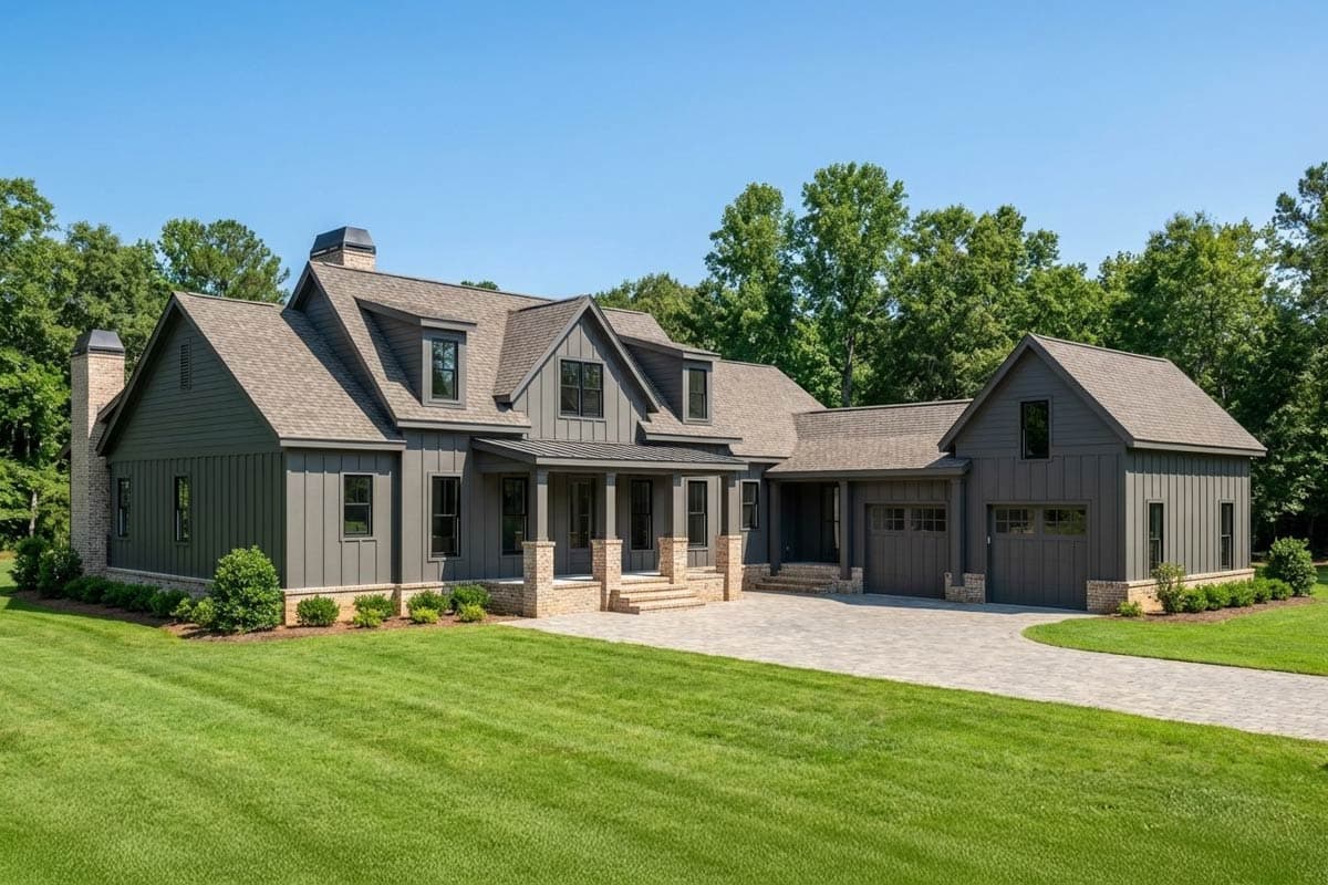 House plan exterior. Two-story Modern Farmhouse with gables, a covered porch, dormers, and an attached garage with a paved driveway.