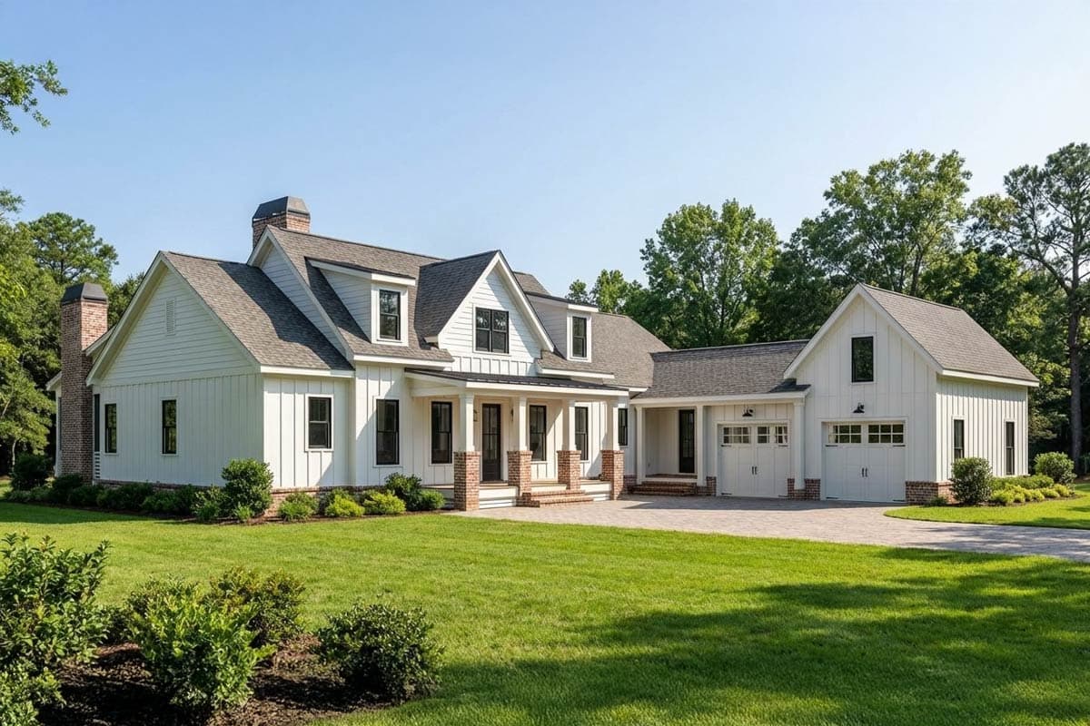 Modern Farmhouse exterior with two stories, gabled rooflines, a front porch with columns, dormers, and an attached garage.