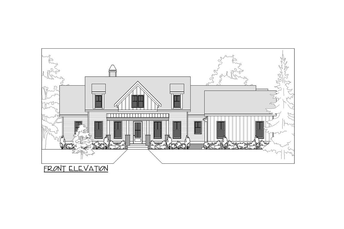 House plan exterior front elevation. Features include a front porch, two dormers, and a gable roofline. Style appears to be farmhouse.