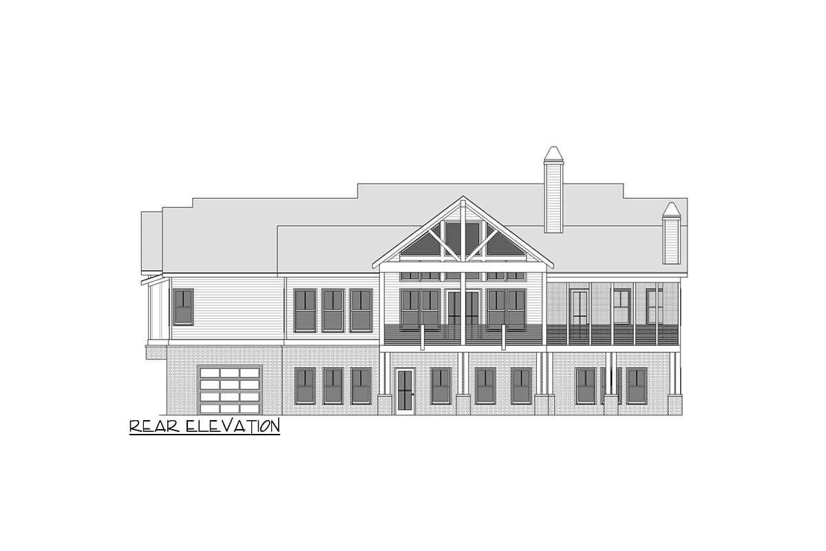 House plan rear elevation. Features include a gable roof, covered porch, and brick foundation with a garage door and several windows.