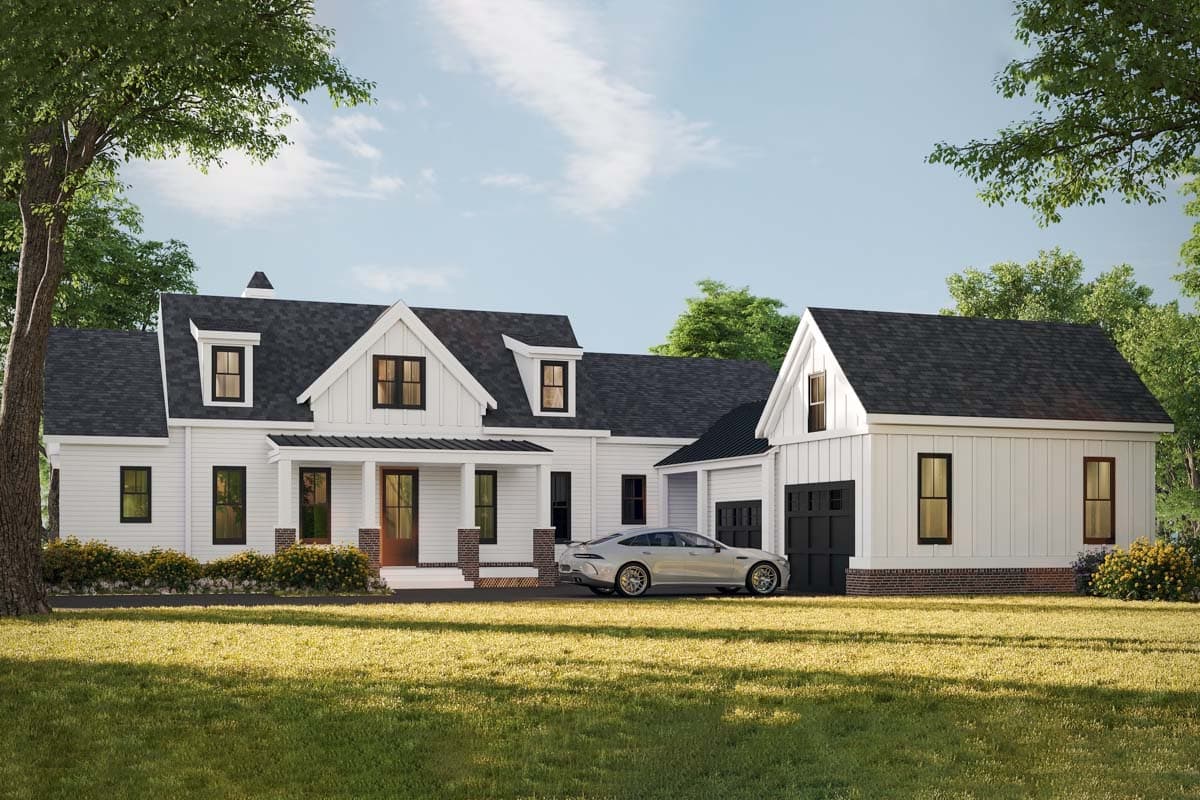 House plan exterior. Modern farmhouse style with gabled roof, front porch, dormers, and attached garage. Two stories.