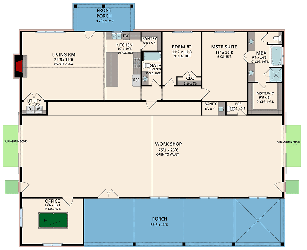 Plan 510247WDY: 2-Bed Barndominium Under 2000 Square Feet with Vaulted Drive Through Workshop - Floor Plan - Main Level - Barndominium, Country, Rustic